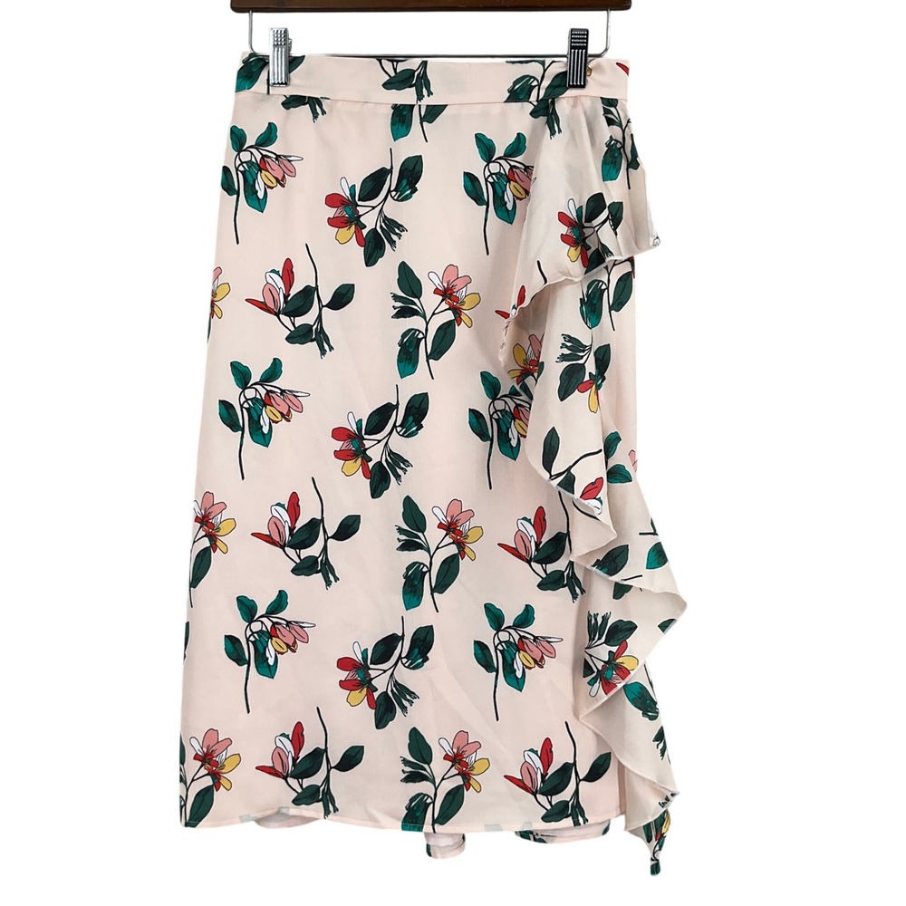 Ted Baker Floral Midi Skirt Womens Sz‎ S Ruffle Trim Romantic Botanical Feminine